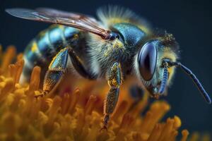 macro coup de abeille collecte pollen, établi avec génératif ai photo