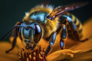 macro coup de abeille collecte pollen, établi avec génératif ai photo