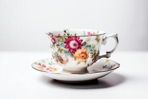 ancien tasse à thé sur blanc Contexte. ai généré photo