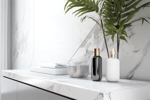 moderne blanc marbre compteur table avec tropical arbre pour cosmétique des produits, 3d rendre. ai généré photo