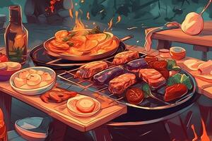 Extérieur un barbecue fête illustration avec grillé Viande et des légumes. ai généré photo
