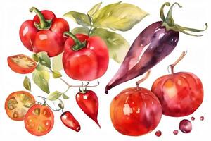 aquarelle rouge des légumes ensemble. cloche poivre, le Chili poivre, Cerise tomates. ai généré photo