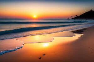 magnifique le coucher du soleil sur le plage. paysage marin avec magnifique ciel. ai généré photo