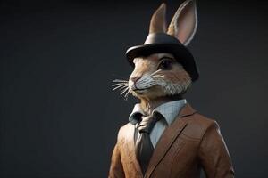 gentleman, patron duveteux lapin, lièvre dans une chapeau, costume et cravate. bannière entête. ai généré. photo