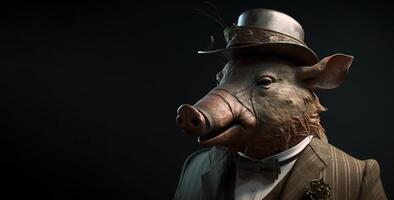 gentleman, patron sauvage sanglier, porc dans chapeau, costume et cravate. bannière entête. ai généré. photo