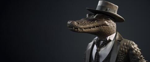gentilhomme patron crocodile aligator dans chapeau, costume et cravate. bannière entête. ai généré. photo