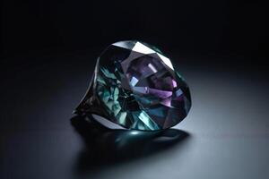 alexandrite est une rare précieux Naturel géologique pierre sur une noir Contexte dans faible clé. ai généré. photo