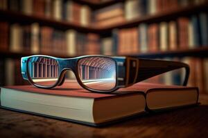 le des lunettes sont sur une empiler de livres sur une table dans le bibliothèque. en train de lire scientifique ou artistique livres. ai généré. photo