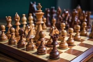le classique planche intellectuel Jeu de échecs. Jeu positions. en bois Les figures. ai généré. photo
