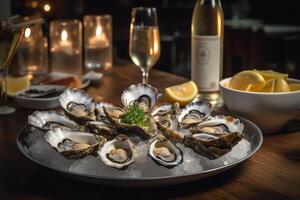 huître le banquet et blanc du vin dans vibrant Fruit de mer restaurant. ai généré photo