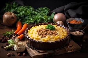 bergers tarte avec haché Viande et légumes sur tableau. ai généré photo