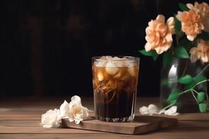 verre de glacé café sur en bois table avec fleurs. ai généré photo