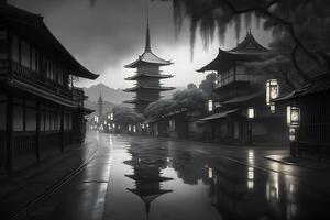 asiatique ville paysage noir et blanche. neural réseau ai généré photo