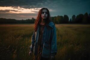 portrait de une magnifique fille dans le soir dans le champ. neural réseau ai généré photo