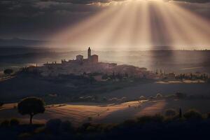 lever du soleil dans vieux européen ville paysage. neural réseau ai généré photo