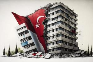 conceptuel illustration de à plusieurs étages bâtiment endommagé dans le tremblement de terre avec gros dinde drapeau. neural réseau généré art photo