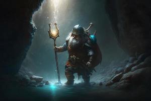 guerrier gnome dans foncé la grotte couloir avec fantaisie personnel. neural réseau généré art photo