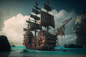 pirate navire à le ouvert mer proche à rochers et petit île avec palmiers. neural réseau généré art photo