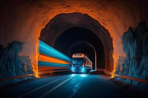 un camion bande annonce conduite à le néon tunnel. neural réseau généré art photo