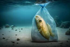 poisson et Plastique pollution. environnemental problème - plastiques contaminer Fruit de mer. neural réseau ai généré photo