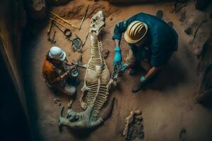 archéologue travaux sur un archéologique site avec dinosaure squelette dans mur pierre fossile tyrannosaure fouilles. neural réseau ai généré photo