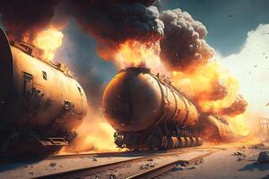 explosion de wagons à le chemin de fer gare. neural réseau ai généré photo
