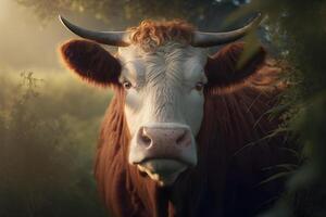 vert Prairie dans montagnes et vache, été paysage. neural réseau ai généré photo