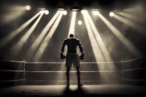 professionnel boxeur combat sur le grandiose arène panorama voir. neural réseau ai généré photo