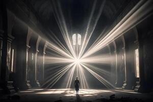 salle avec des rayons de lumière pour méditation. spirituel temple. neural réseau ai généré photo