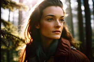 portrait de une voyageur fille dans le forêt. neural réseau ai généré photo