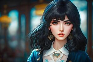 anime portrait de une fille noir cheveux. neural réseau ai généré photo