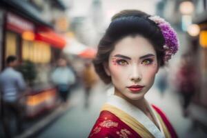 portrait de une Japonais femme dans nationale vêtements. neural réseau ai généré photo