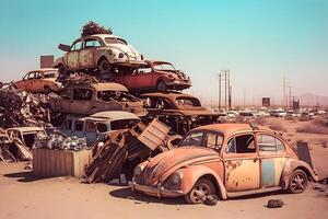 voitures cimetière, pile de écrasé et déformé voitures attendre à être recyclé dans un vieux voitures cimetière. neural réseau ai généré photo