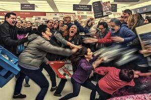 foule de gens sur noir Vendredi combat pour promotionnel marchandises. neural réseau ai généré photo