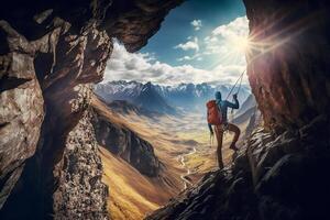 magnifique Montagne paysage et grimpeur. neural réseau ai généré photo