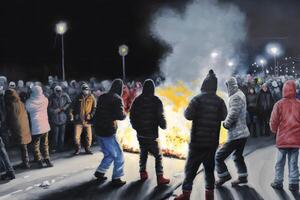 foule de gens avec affiches et drapeaux permanent dans de face de parlement bâtiment pendant Publier élection manifestation. neural réseau ai généré photo