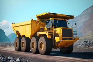 ouvert fosse exploiter, extractif industrie pour charbon. gros Jaune exploitation minière un camion machinerie pour charbon carrière. neural réseau généré art photo