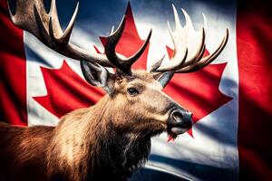 wapiti avec gros cornes sur le Contexte de le canadien drapeau. génératif ai photo