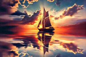une voile bateau sur le l'eau pendant le coucher du soleil. génératif ai photo