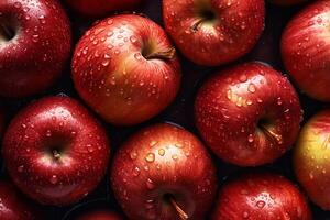 rouge Pomme couvert avec l'eau gouttes. studio lumière. Pomme Contexte. génératif ai photo