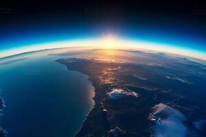 planète Terre avec coucher de soleil, vue de le espace gare. Contexte. génératif ai photo