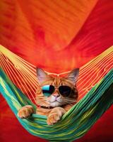 chat dans des lunettes de soleil dans hamac dans tropical jardin. génératif ai photo