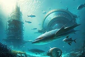 fantaisie futuriste sous-marin paysage marin avec perdu ville. génératif ai photo
