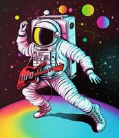 astronaute en jouant guitare et dansant dans scaphandre. génératif ai. ne pas basé sur tout réel scène photo