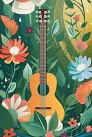 pays la musique Festival affiche avec acoustique guitare et fleurs. génératif ai photo