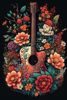 pays la musique Festival affiche avec acoustique guitare et fleurs. ai photo