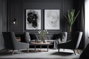 gris vivant pièce avec les fauteuils et affiche. ai généré photo