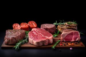 juteux moyen du boeuf nervure œil steak tranches dans la poêle sur en bois planche avec fourchette, couteau herbes. ai généré. photo