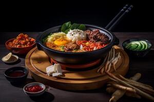 une table plein de coréen aliments. ai généré. photo