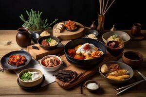 une table plein de coréen aliments. ai généré. photo